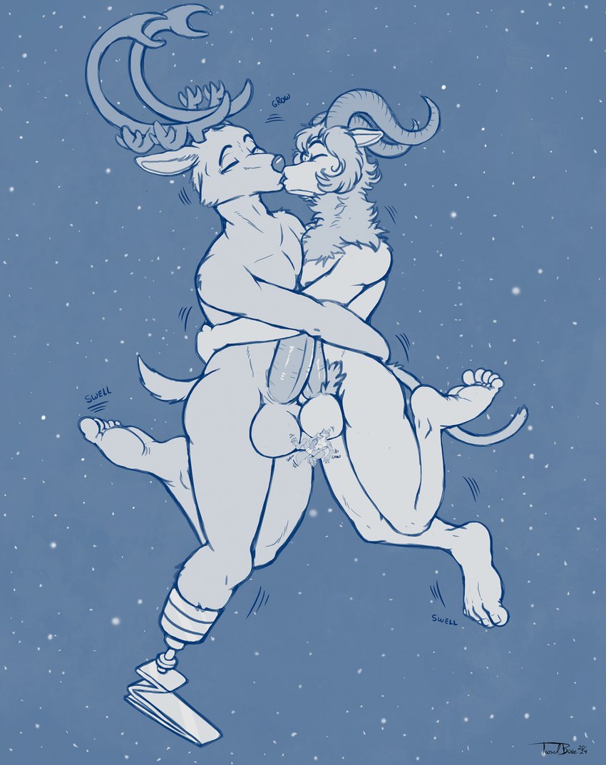 anthro antlers balls chest_tuft circumcised feet fluffy fluffy_tail fur genitals group horn hug hugging_another kissing macro male male/male neck_tuft nude penis prosthetic prosthetic_leg prosthetic_limb pubes space star tail trio tuft teaselbone beastars legoshi_(beastars) louis_(beastars) pina_(beastars) bovid canid canine canis caprine dall_sheep deer mammal sheep wolf 2024 hi_res