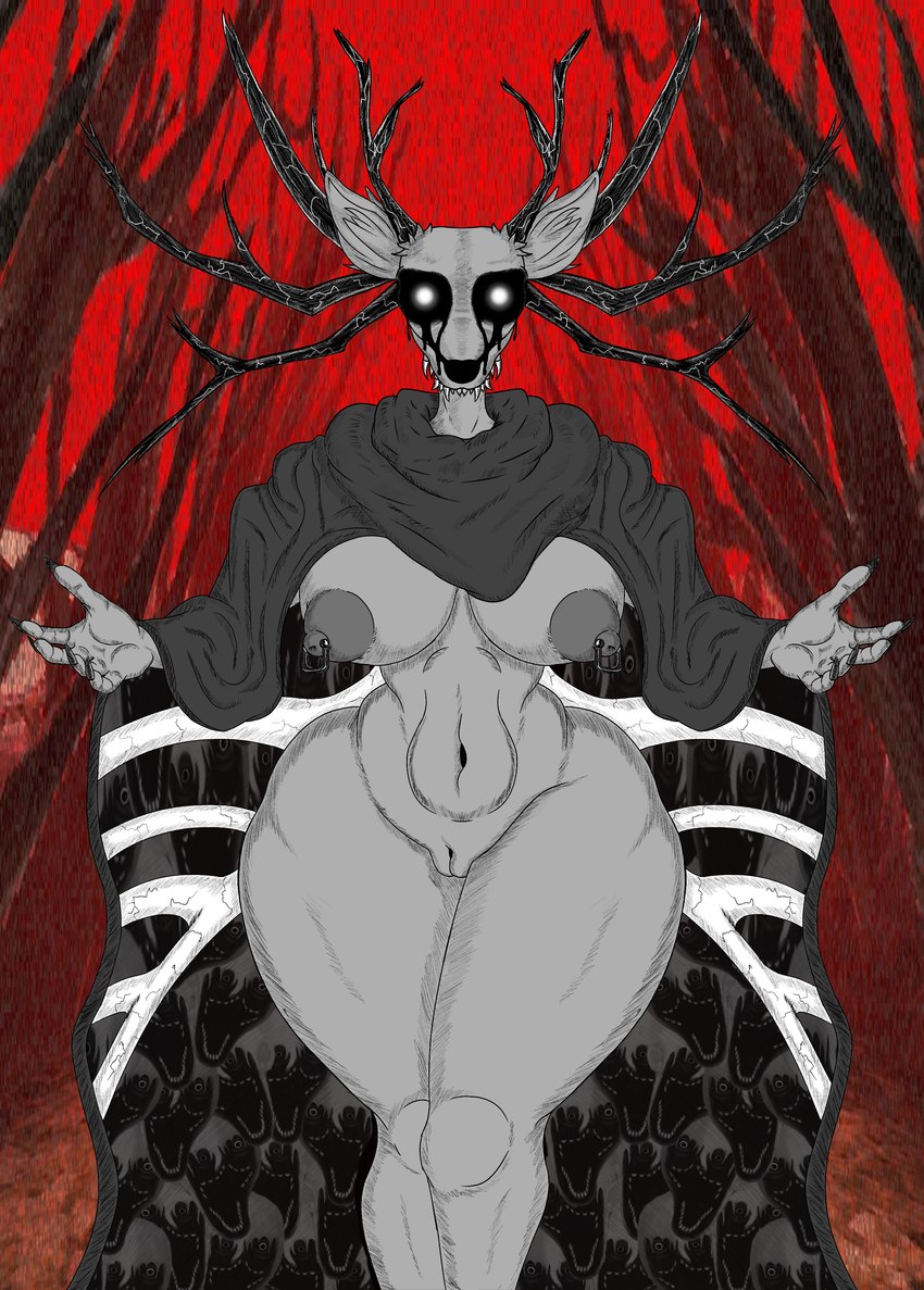 5_fingers anthro antlers big_breasts bone breasts clothing detailed_background erect_nipples female fingers fur genitals grey_nipples horn looking_at_viewer mature_female nipple_piercing nipples piercing pussy solo thick_thighs tunica wide_hips axelkirby american_mythology indigenous_north_american_mythology mythology north_american_mythology spooky's_jump_scare_mansion specimen_8 deer mammal monster wendigo 2024 absurd_res digital_drawing_(artwork) digital_media_(artwork) hi_res