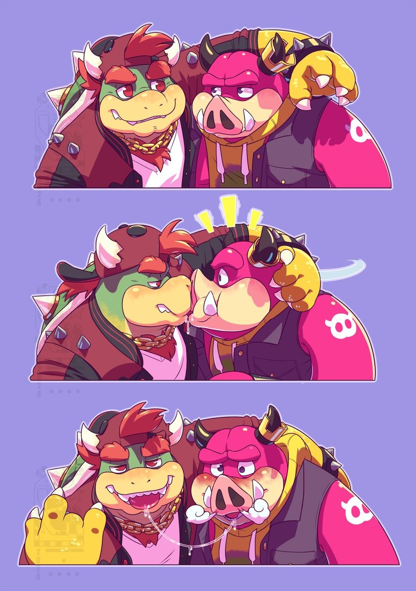 after_kiss arm_tattoo blush bodily_fluids clothing duo french_kissing hat headgear headwear holding_head horn jacket kissing male male/male pink_body red_eyes saliva saliva_string shirt slightly_chubby snort surprise_kiss tattoo tongue tongue_out topwear tusks eclipticafusion mario_and_luigi_(series) mario_bros nintendo bowser midbus koopa monster scalie hi_res