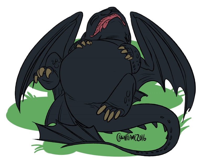 abdominal_bulge belly big_belly black_body bloated feral hand_on_belly lying on_back simple_background solo tail chromosomefarm dreamworks european_mythology how_to_train_your_dragon mythology toothless dragon fury_(httyd) mythological_creature mythological_scalie night_fury scalie western_dragon absurd_res hi_res