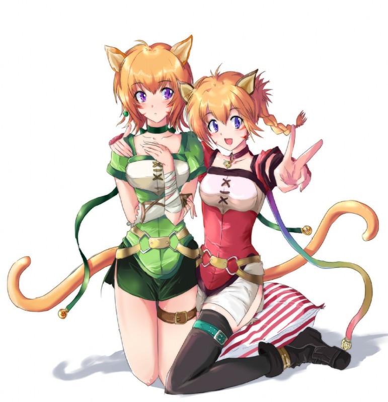 :d bandage belt blush braided_hair choker clothing duo facial_markings female gesture hair hand_gesture hand_on_shoulder head_markings jewelry kneeling legwear markings necklace open_mouth orange_hair pillow purple_eyes short_hair side_slit single_braid sitting smile tail tattoo thigh_highs thigh_strap v_sign echizen fire_emblem fire_emblem_path_of_radiance fire_emblem_radiant_dawn nintendo lethe_(fire_emblem) lyre_(fire_emblem) animal_humanoid cat_humanoid felid felid_humanoid feline feline_humanoid humanoid laguz mammal mammal_humanoid sibling_(lore) sister_(lore) sisters_(lore)