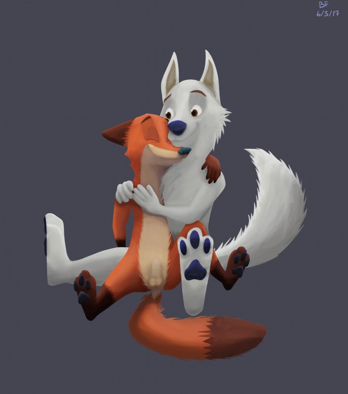 animal_genitalia anthro anus balls cuddling duo fully_sheathed genitals grey_background male male/male nude sheath simple_background brokenfacade disney zootopia gary_(zootopia) nick_wilde canid canine canis fox mammal wolf 2017 absurd_res hi_res