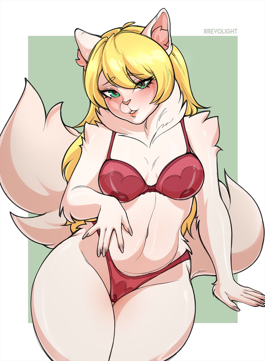 anthro belly blonde_hair blush breasts claws clothed clothing female fur green_eyes hair looking_at_viewer pose red_clothing red_underwear solo tail underwear white_body wide_hips rrevolight domestic_cat felid feline felis mammal digital_media_(artwork) hi_res pinup