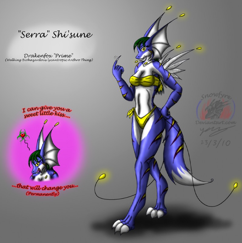 3_toes anthro blue_body breasts claws feet female glowing green_hair hair long_hair looking_at_viewer solo text toe_claws toes white_body yellow_eyes snowfyre serra_(snowfyre) unknown_species 2010 english_text