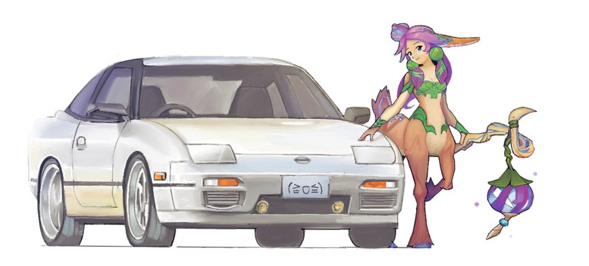 car female fur hair hooves leaf_clothing purple_hair simple_background solo staff vehicle white_background alunka league_of_legends nissan nissan_180sx riot_games tencent lillia_(lol) deer deer_taur mammal mammal_taur taur