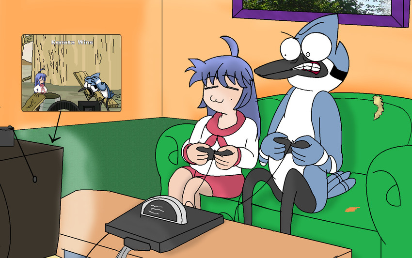 :3 angry anthro beak blue_body blue_feathers blue_hair clothing duo eyes_closed feathers female gaming hair male markings mole_(marking) playing_video_game school_uniform teeth toothed_beak uniform white_body white_feathers luketheemewtwo cartoon_network lucky_star mugen regular_show konata_izumi mordecai_(regular_show) avian bird blue_jay corvid human jay_(bird) mammal new_world_jay oscine passerine hi_res