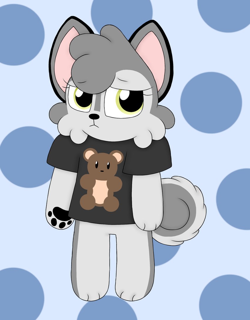 :< anthro black_clothing black_shirt black_topwear clothing curled_tail dotted_background eyelashes female fluffy fluffy_fur fluffy_tail fur grey_body grey_fur long_ears nervous pattern_background pawpads pink_inner_ear plushie pointy_ears prick_ears shirt simple_background solo tail teddy_bear toony topwear yellow_eyes artziidubz puppies_in_paradise arca_(puppies_in_paradise) alaskan_malamute canid canine canis domestic_dog island_puppy mammal nordic_sled_dog spitz 2024 absurd_res digital_drawing_(artwork) digital_media_(artwork) hi_res