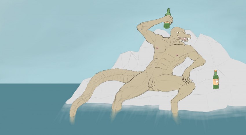 abs anthro biceps bottle casual_nudity container flaccid foreskin genitals holding_object humanoid_hands ice iceberg looking_aside lying male muscular muscular_anthro muscular_male nipples nude on_back open_mouth outside pecs penis relaxing small_penis smile solo spread_legs spreading teeth water maskopatol crocodile crocodilian crocodylid reptile scalie flat_colors