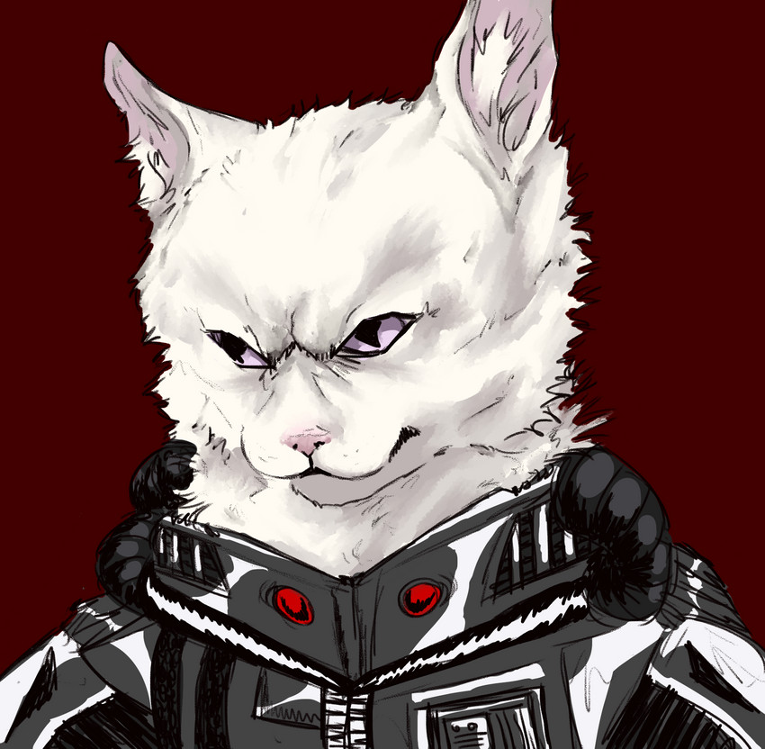 albino ambiguous_gender anthro armor clothing cybernetic_attachment cybernetics fur glistening glistening_armor machine metallic_body pink_eyes pink_nose red_background simple_background solo suit white_body white_fur cynocephaly cyborg domestic_cat felid feline felis mammal 2019 hi_res