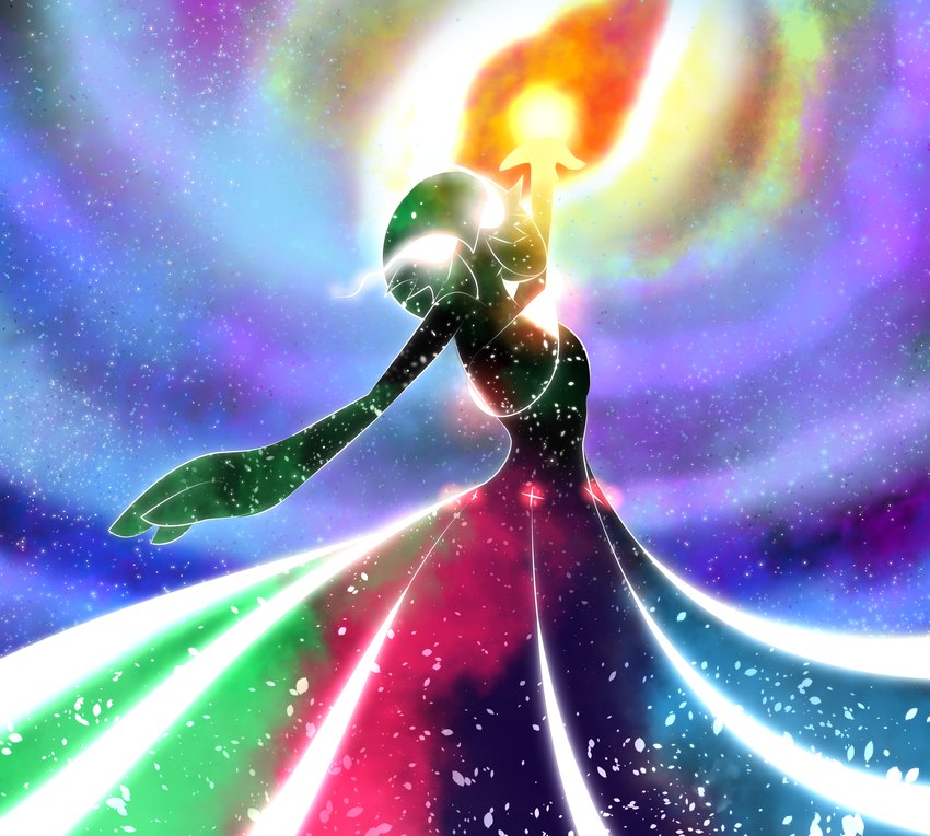 ambiguous_gender clothing cosmic_background cosmic_body cosmic_hair dress ethereal_hair glowing glowing_eyes looking_at_viewer meteor nebula solo star sun sneakyandy nintendo pokemon gardevoir generation_3_pokemon pokemon_(species) absurd_res hi_res