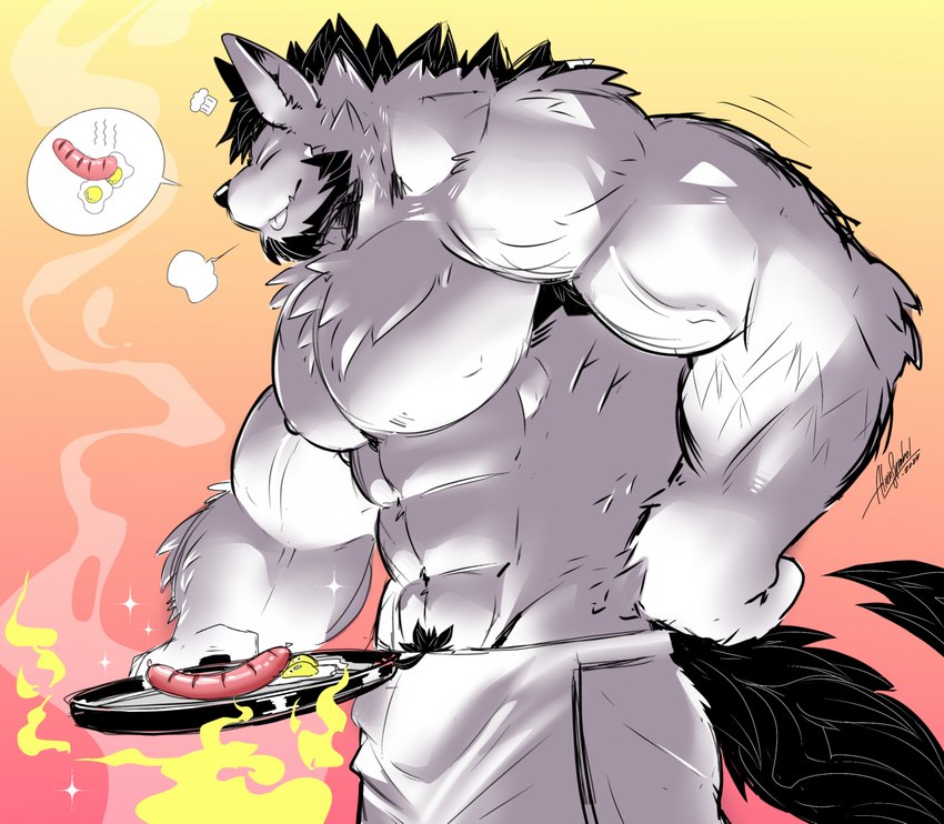 abs anthro cooking cookware egg food frying_pan fur kitchen_utensils male meat muscular muscular_anthro muscular_male pecs sausage solo tail tools aliensymbol mythology canid canine mammal mythological_canine mythological_creature werecanid werecanine werecreature werewolf hi_res