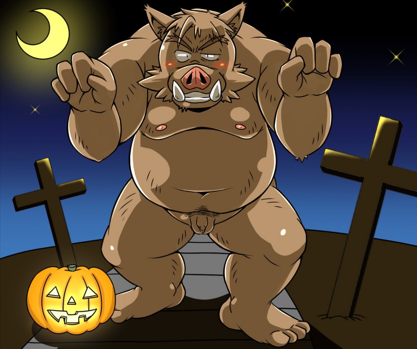 anthro balls barely_visible_balls barely_visible_genitalia belly blush food foreskin fruit genitals holidays humanoid_hands kemono long_foreskin male moobs moon navel night nipples outside overweight overweight_anthro overweight_male penis plant pumpkin solo tight_foreskin oogamikennta third-party_edit halloween mammal suid suine sus_(pig) wild_boar 2020 censor_removal_edit