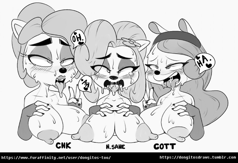 ahegao anthro armwear big_breasts blush bodily_fluids breasts clothing colored_nails drooling eye_roll eyelashes female flower group hair headbang heart_symbol long_hair long_nipples looking_pleasured nails nipples orgasm_face plant ponytail saliva sweat text tongue tongue_out dongitos activision crash_bandicoot_(series) coco_bandicoot bandicoot mammal marsupial 2017 greyscale monochrome url