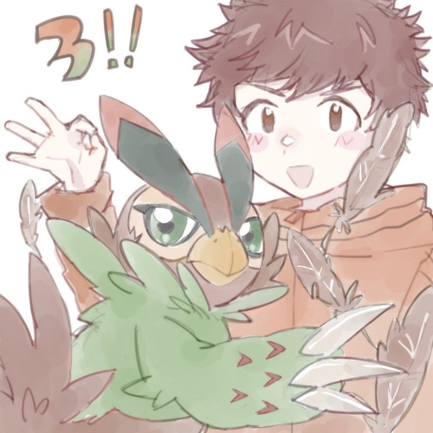 anthro beak blush brown_body brown_feathers brown_hair claws duo feathers green_eyes hair male ybhk77 bandai_namco digimon digimon_survive falcomon_(survive) minoru_hyuga avian bird digimon_(species) falcomon human mammal 1:1