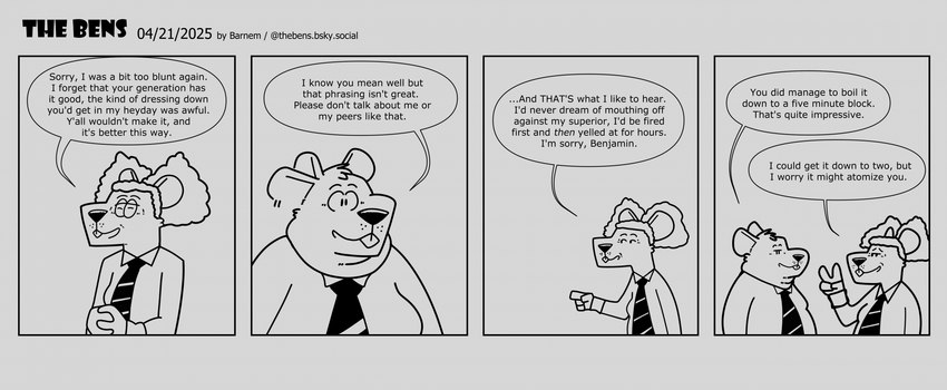 anthro belly biped clothing dialogue duo humanoid_hands necktie overweight shirt simple_background text topwear barnem mammal murid murine rat rodent 2025 comic english_text hi_res monochrome