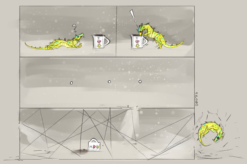 ambiguous_gender beverage blue_spots breaking_the_fourth_wall coffee coffee_mug ellipsis exclamation_point feral heart_symbol question_mark red_eyes simple_background solo spots sun tan_background yellow_body diamondbackdrake mythology wings_of_fire starfruit_(diamondbackdrake) dragon mythological_creature mythological_scalie rainwing_(wof) scalie wingless_dragon 2023 comic hi_res signature