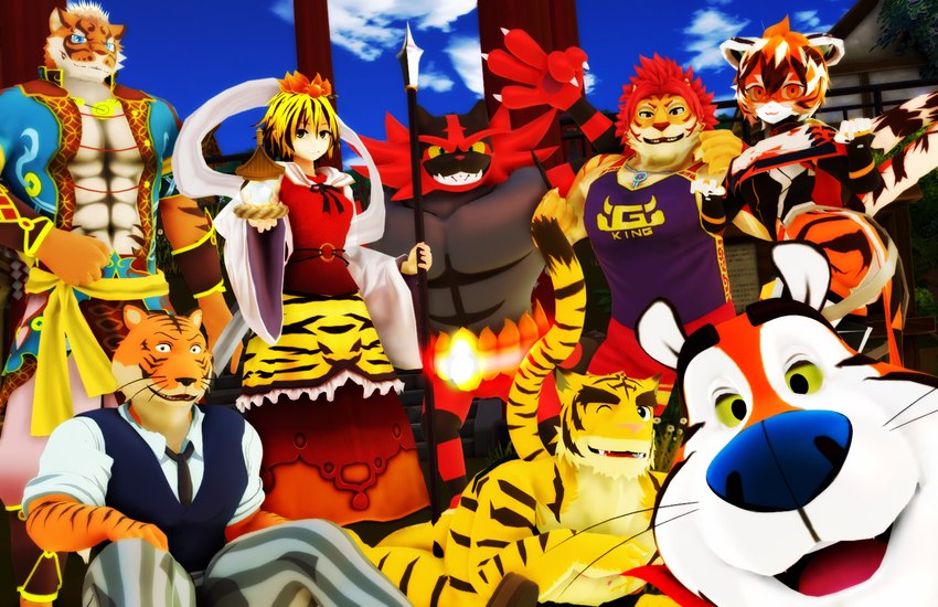 abs ambiguous_gender anthro black_body blue_eyes blue_nose clothed clothing countershading eyebrows female fur group hair humanoid_hands kemono male mascot melee_weapon multicolored_body multicolored_fur multicolored_hair muscular muscular_anthro muscular_male one_eye_closed open_mouth orange_body orange_fur orange_hair pecs polearm pose red_body red_fur sitting smile spear striped_body striped_fur stripes thick_eyebrows weapon white_body white_fur white_hair wink malicekira arknights beastars chinese_zodiac frosted_flakes hypergryph kellogg's lifewonders morenatsu nekojishi new_year_2022 nintendo pokemon studio_klondike studio_montagne tokyo_afterschool_summoners touhou year_of_the_tiger bill_(beastars) lin_hu nomad_(tas) shou_toramaru tony_the_tiger torahiko_(morenatsu) waaifu_(arknights) bengal_tiger felid generation_7_pokemon incineroar mammal pantherine pokemon_(species) tiger 3d_(artwork) crossover digital_media_(artwork) hi_res mikumikudance_(artwork)