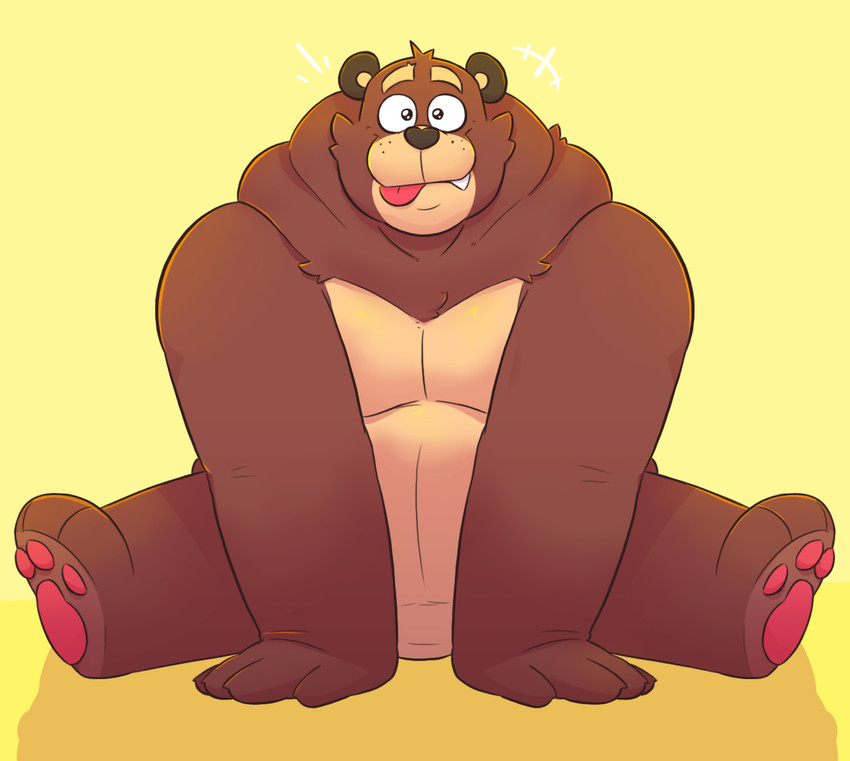 anthro belly big_belly brown_body brown_fur cute_fangs fangs fur male overweight overweight_anthro overweight_male simple_background sitting solo teeth tongue tongue_out leothelionel the_human_heart_(game) cade_maplebottom bear mammal 2021