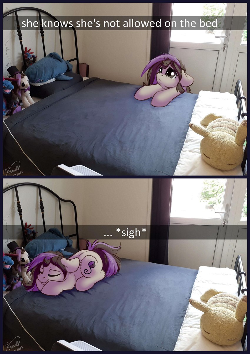 anthro bed blue_border border caption caption_box cutie_mark eyes_closed female furniture pleading_eyes plushie real sleeping solo julunis14 hasbro my_little_pony fan_character earth_pony equid equine horse mammal pony absurd_res hi_res meme