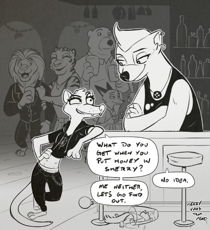 ambiguous_gender barefoot biped bottomwear clothed clothing crossed_arms dialogue dress fangs feet flirting fully_clothed grin group jewelry looking_at_another mane necklace pants pick-up_line shirt smile speech_bubble suit tank_top teeth text topwear unconscious rockbottomfeeder disney zootopia honey_badger_(zootopia) judy_hopps nick_wilde badger bear canid canine felid fox honey_badger lagomorph leporid lion mammal mustelid musteline pantherine rabbit red_fox tiger true_fox true_musteline weasel english_text greyscale hi_res monochrome