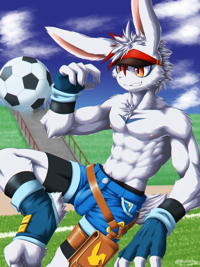 abs adolescent anthro athletic athletic_male ball big_bulge bulge clothed clothing cloud fingerless_gloves footwear furgonomic_footwear furgonomics gloves grass handwear hat headgear headwear male muscular muscular_male nipples outside plant shirtless sky soccer_ball solo stairs topless trainer visor_cap waist_bag young akino-kamihara tomoshibi_shirohane_(akino-kamihara) lagomorph leporid mammal rabbit 3:4 absurd_res alternate_version_at_source hi_res signature watermark