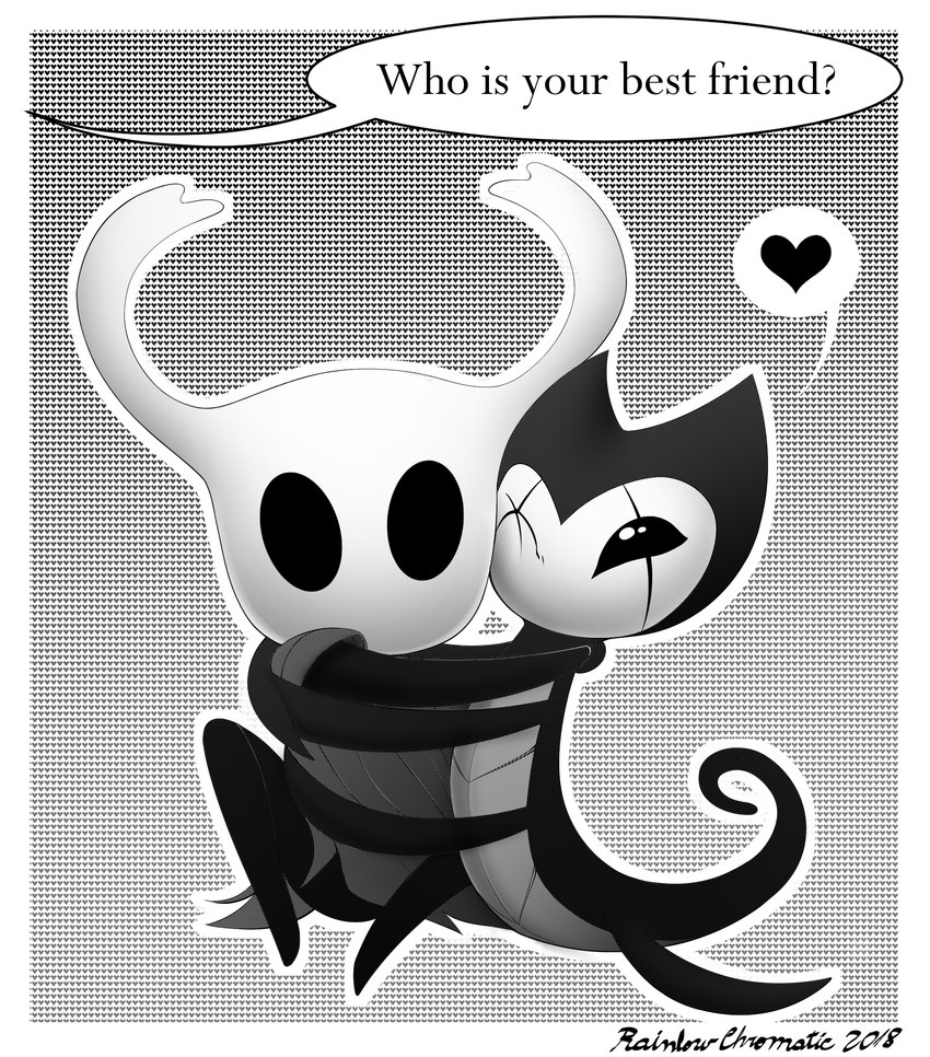 2_horns ambiguous_gender black_eyes black_text cloak clothing dialogue duo heart_symbol horn hug one_eye_closed question question_mark sitting speech_bubble tail text rainbow_chromatic hollow_knight team_cherry grimmchild_(hollow_knight) the_knight_(hollow_knight) arthropod vessel_(species) 2018 digital_media_(artwork) english_text greyscale hi_res monochrome adopted_(lore) adopted_son_(lore) nonbinary_(lore)