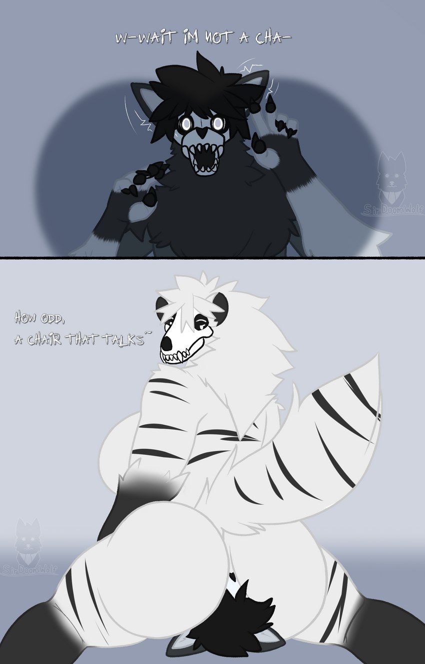 anthro big_breasts big_butt bone breasts butt duo facesitting female fur hair larger_female male male/female nude simple_background sitting_on_another size_difference skull skull_head smaller_male sirdoomwolf ed_(sirdoomwolf) zuri_(sirdoomwolf) canid canine canis cryptid hyena mammal monster striped_hyena wolf absurd_res hi_res