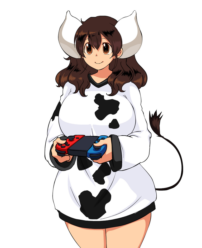 animal_print big_breasts breasts brown_eyes brown_hair clothed clothing controller cow_print female game_controller hair holding_controller holding_object horn long_hair smile solo tail tail_tuft tuft hataraki_ari nintendo nintendo_switch animal_humanoid bovid bovid_humanoid bovine bovine_humanoid cattle_humanoid horned_humanoid humanoid mammal mammal_humanoid tailed_humanoid