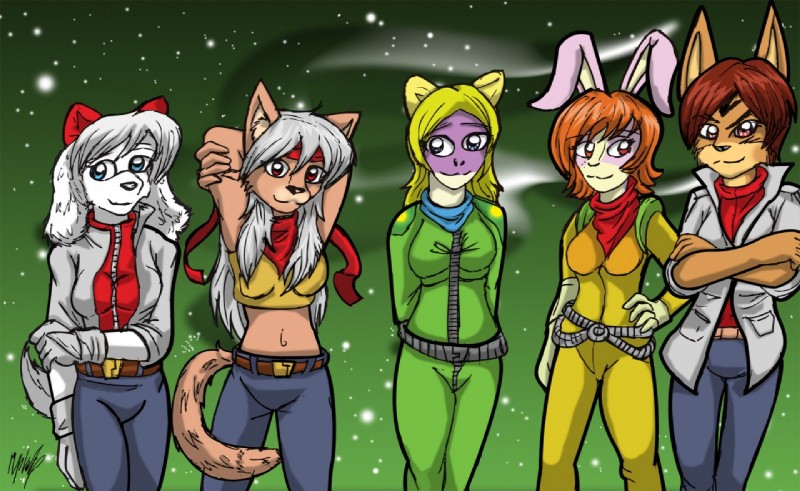 accessory anthro belt breasts clothed clothing coat female gloves group handwear headband jumpsuit looking_at_viewer non-mammal_breasts outside simple_background snow topwear polaris27 nintendo star_fox amanda_toad fay_(star_fox) katt_monroe lucy_hare miyu_(star_fox) amphibian canid canine canis domestic_cat domestic_dog felid feline felis frog lagomorph leporid lynx mammal rabbit