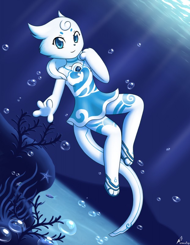 anthro blue_body blue_eyes blue_skin bubble clothing deep_sea female flat_chested fur kemono long_tail looking_at_viewer monotone_body monotone_fur nude sea smile solo tail underwater water white_body white_fur young aurawing mammal 2020 absurd_res cool_colors hi_res