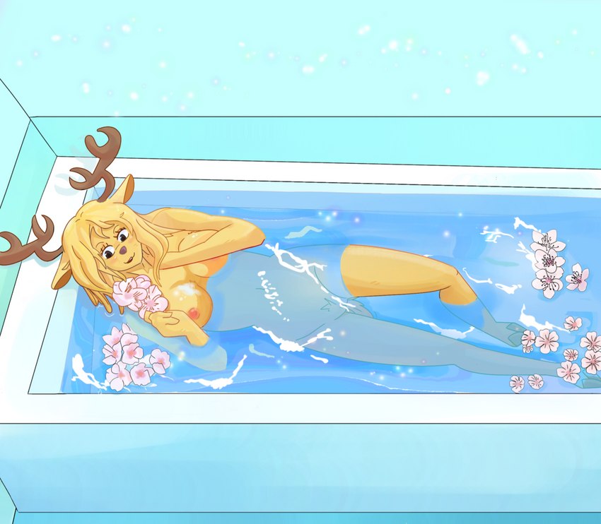 anthro bath bathing bathtub blonde_hair breasts cherry_blossom deep_fur female flower fur genitals hair holding_flower holding_head holding_object horn inside pink_flower plant prunus_(flower) pussy solo water white_flower yellow_body yellow_fur deepfur one_piece milky_(one_piece) deer mammal minkmen_(one_piece) absurd_res hi_res shaded