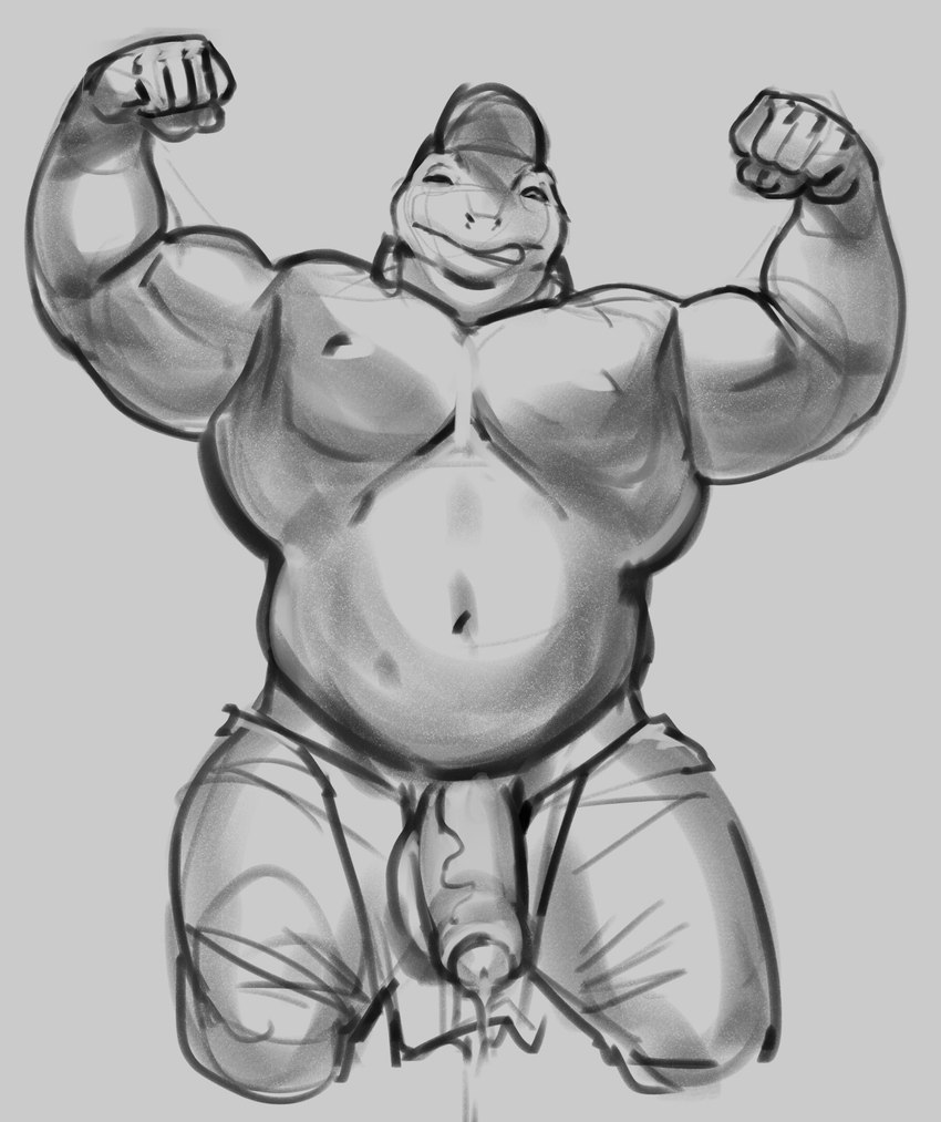 anthro balls bodily_fluids clothed clothing flexing foreskin genital_fluids genitals male muscular muscular_anthro muscular_male penis precum solo topless topless_male purplebirdman nintendo star_fox slippy_toad amphibian frog hi_res monochrome sketch