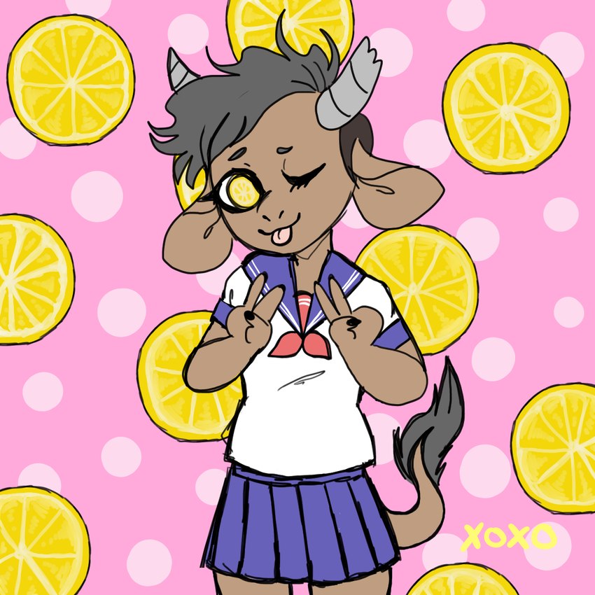 :3 anthro biped blue_bottomwear blue_clothing blue_skirt bottomwear broken_horn brown_body brown_fur claws clothed clothing dotted_background female food fruit fur gesture grey_hair grey_horn hair hand_gesture horn lemon looking_at_viewer pattern_background plant polka_dots school_uniform shirt simple_background skirt smile solo tail text tongue tongue_out topwear uniform v_sign white_clothing white_shirt white_topwear xoxo yellow_eyes manitka manitka_(character) bovid bovine cattle mammal 1:1 2019 digital_media_(artwork) hi_res