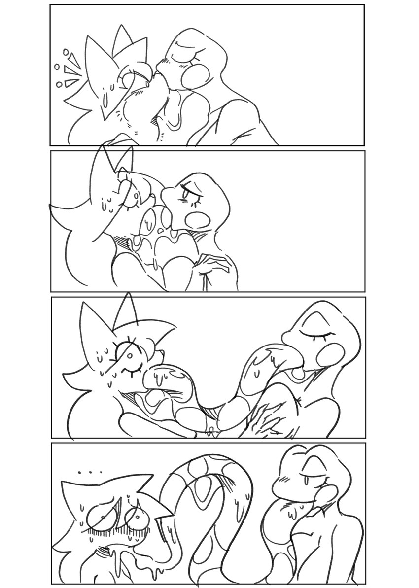 anthro blush blush_lines bodily_fluids border breast_grab breasts deep_kiss duo extreme_french_kiss eye_contact female french_kissing hand_on_breast hyper hyper_tongue interspecies kissing long_tongue looking_at_another non-mammal_breasts saliva saliva_on_tongue sweat sweatdrop tongue white_border noirchaton4 grefina_(noirchaton4) amphibian frog comic hi_res monochrome unfinished