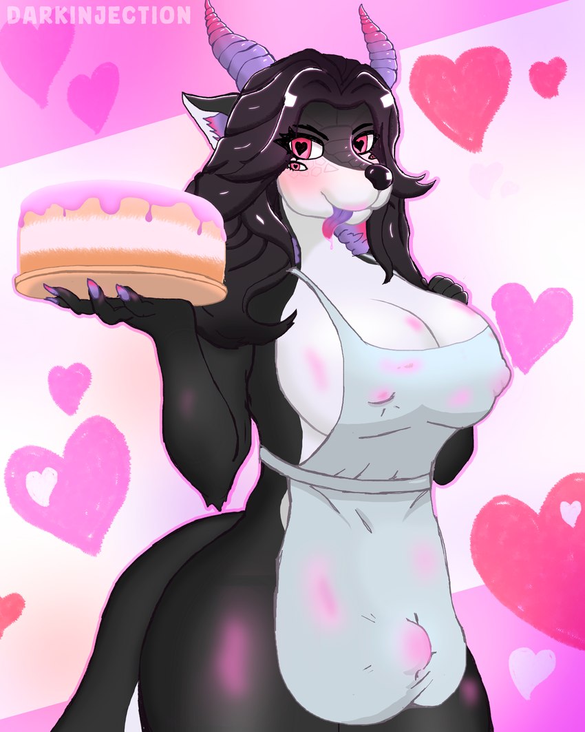 anthro apron apron_only big_breasts big_butt black_body black_skin bodily_fluids breasts bulge butt cake clothing cum dessert dirty dirty_clothing food genital_fluids gynomorph heart_eyes heart_symbol holding_food holding_object holidays horn intersex simple_background solo standing tail thick_thighs white_body white_skin darkinjection mythology valentine's_day viola_(darkinjection) dragon mythological_creature mythological_scalie scalie 4:5 absurd_res hi_res