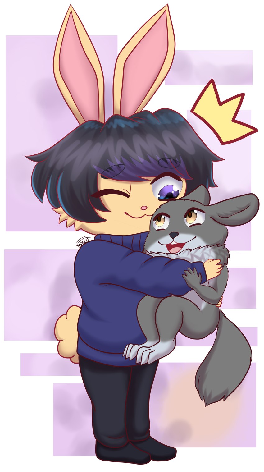 anthro chibi clothing duo highlights_(coloring) hug sweater topwear damian5320 dami_(damian5320) herex chinchilla chinchillid lagomorph leporid mammal rabbit rodent absurd_res digital_media_(artwork) hi_res shaded