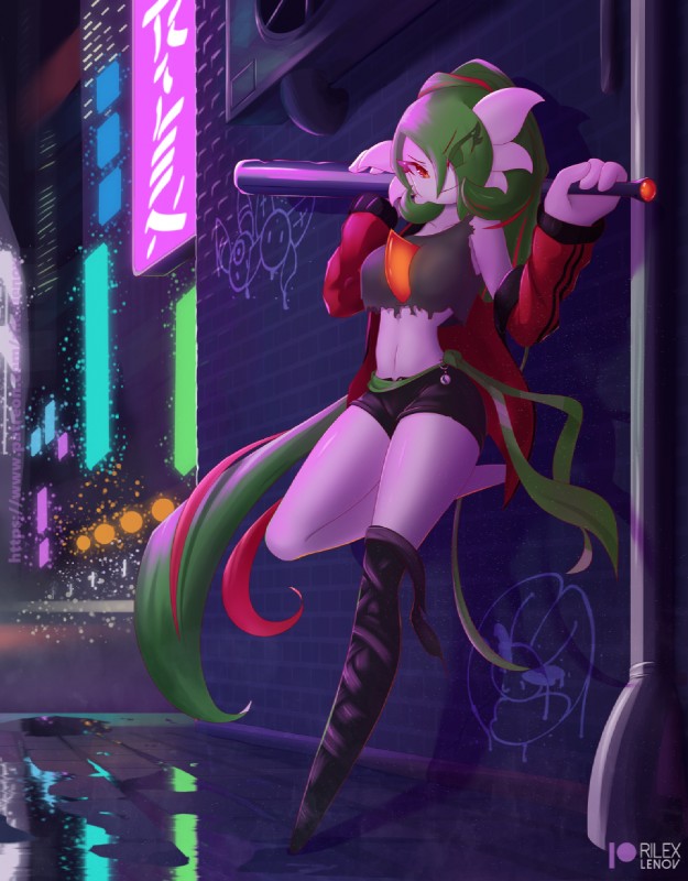 alley baseball_bat bat_(object) bottomwear breasts clothing crop_top female food green_hair hair hair_over_eye hotpants jacket leaning_on_wall looking_at_viewer midriff neon_lights not_furry one_eye_obstructed shirt shorts smile solo topwear translucent translucent_hair white_body rilex_lenov nintendo pokemon midori_(rilex_lenov) gardevoir generation_3_pokemon pokemon_(species) 2020 hi_res