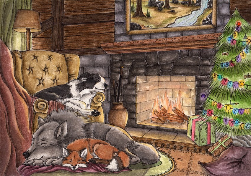 ambiguous_gender armchair black_body black_fur black_nose black_pawpads chair christmas_tree eyes_closed feral fireplace fur furniture grey_body grey_fur group holidays inside mouth_closed orange_body orange_fur painting pawpads plant tree white_body white_fur kola_(artist) christmas border_collie canid canine canis collie domestic_dog fox herding_dog mammal pastoral_dog sheepdog wolf traditional_media_(artwork)