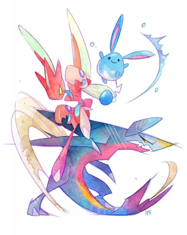 action_pose ambiguous_gender anthro group pose simple_background smile stylized white_background nintendo pokemon azumarill garchomp generation_2_pokemon generation_4_pokemon lagomorph mammal pokemon_(species) scizor hi_res