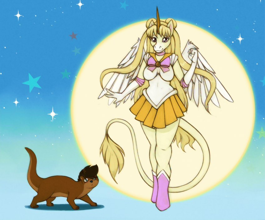 1990s_theme anthro duo female feral horn magical_girl_outfit male retro wings marsminer mythology sailor_moon_(series) equid equine horse mammal mustelid mythological_creature mythological_equine otter pegasus unicorn winged_unicorn hi_res redraw