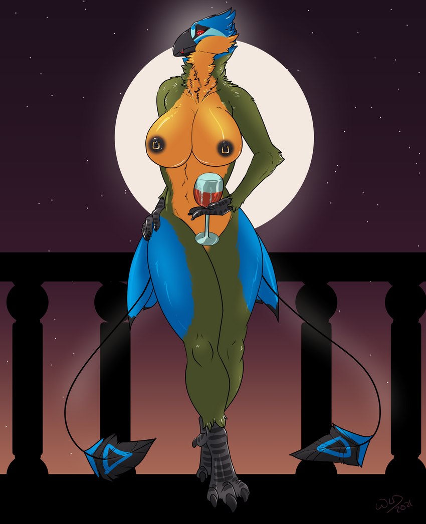 anthro beak black_nipples breasts claws convenient_censorship exposed_breasts feathers feet female glowing glowing_eyes nipple_piercing nipples non-mammal_breasts piercing solo talons toe_claws toes wanderlustdragon seljhet avian bird coraciiform motmot trinidad_motmot vampire absurd_res hi_res