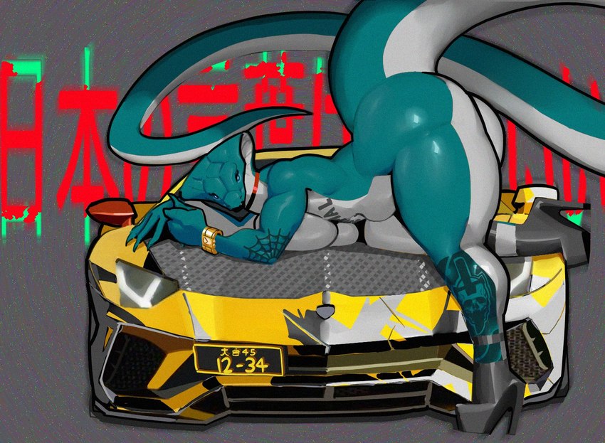 anthro bent_over big_breasts big_butt big_tail biped breasts butt car choker clothing female footwear high_heels huge_butt jewelry long_tail motor_vehicle necklace platform_footwear platform_heels shoes solo tail tattoo thick_thighs vehicle lava_(artist) lamborghini lamborghini_aventador reptile scalie snake