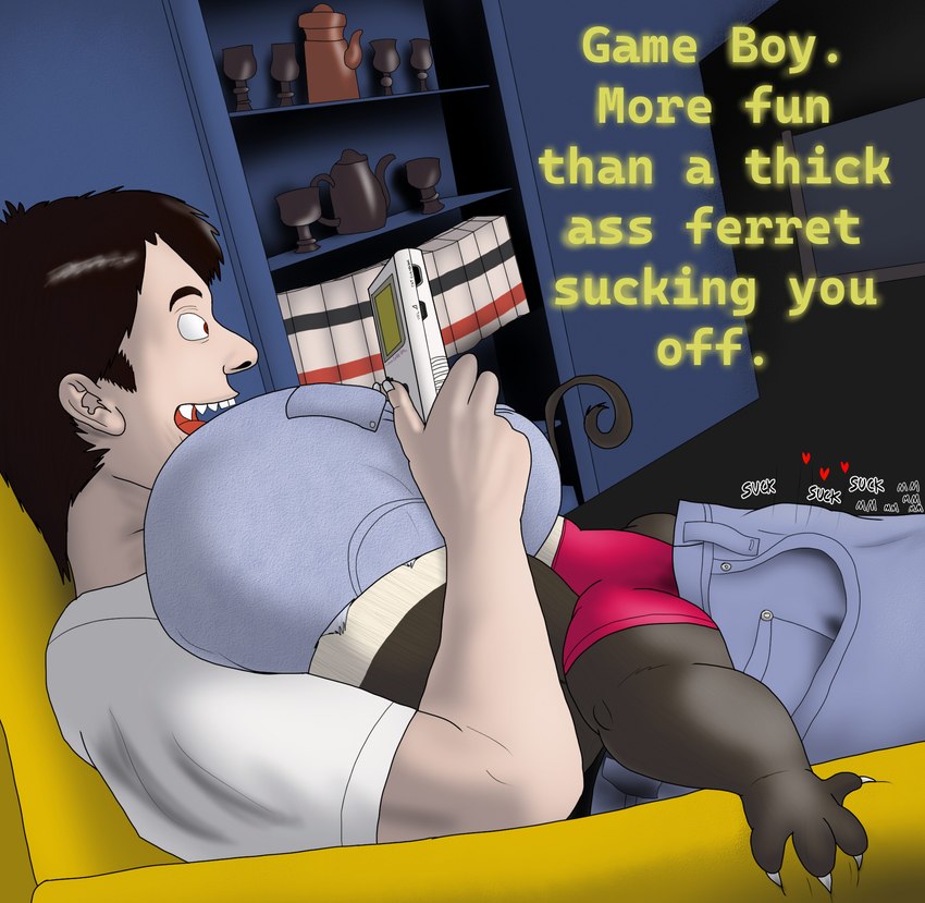 advertisement anthro big_butt blowjob_in_pants bottomwear butt butt_in_face clothing duo electronics female game_boy_console game_console heart_symbol hotpants huge_butt male male/female obscured_oral obscured_sex short_stack shorts sound_effects text alythewolfcat game_boy game_boy_family nintendo domestic_ferret human mammal mustelid musteline true_musteline weasel digital_drawing_(artwork) digital_media_(artwork) english_text hi_res redraw