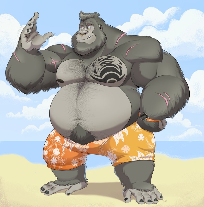 anthro beach beard belly belly_hair belly_tuft body_hair bottomwear clock clothed clothing cloud detailed_background facial_hair facial_piercing fur grey_beard grey_body grey_facial_hair grey_fur grey_hair hair hand_on_hip happy_trail male muscular muscular_arms navel nipples nose_piercing nose_ring overweight overweight_anthro overweight_male pattern_bottomwear pattern_clothing piercing raised_hand ring_piercing sand scar solo swimming_trunks swimwear tattoo topless tuft watch water wristwatch yellow_eyes polartoons fahz_(fahzthegorilla) ape gorilla haplorhine mammal primate 2021 hi_res