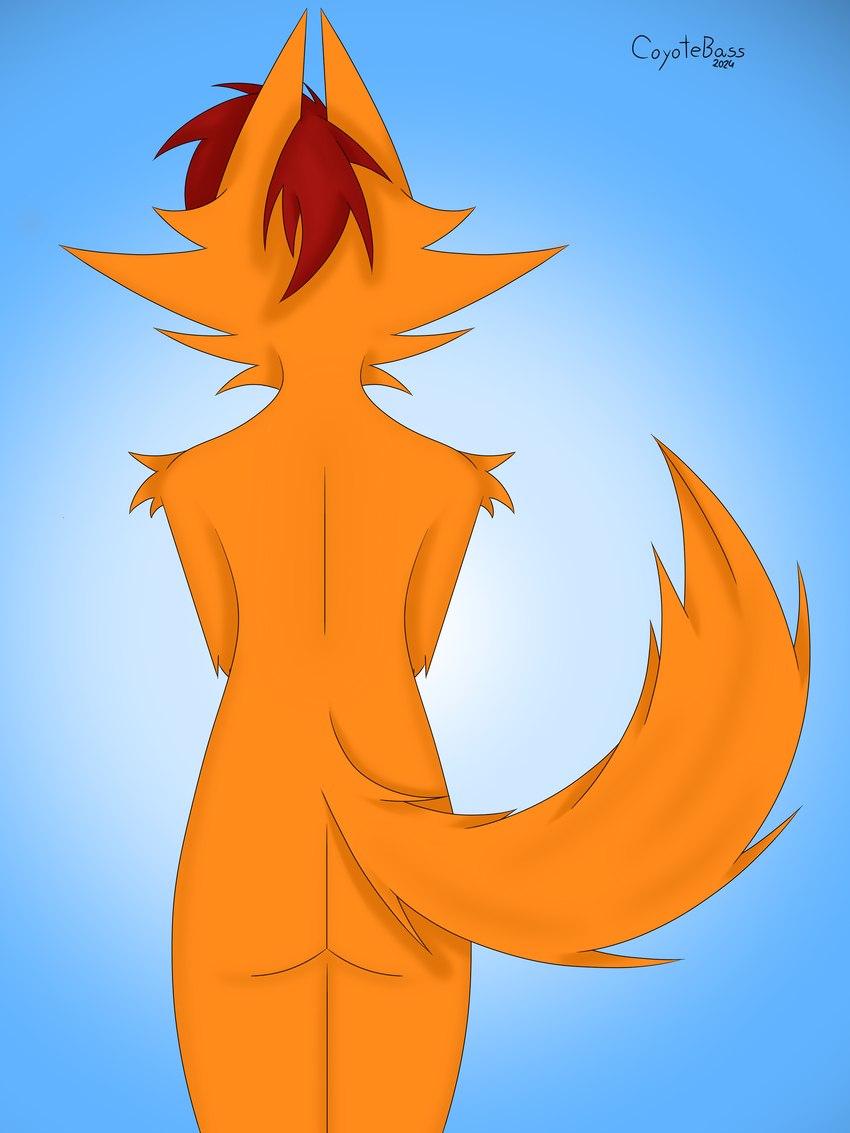 anthro arm_tuft butt elbow_tuft female fluffy fluffy_tail fur hair nude orange_body red_hair shoulder_tuft simple_background solo tail thick_thighs tuft coyotebass xanny_(coyotebass) canid canine canis coyote mammal 3:4 absurd_res digital_media_(artwork) hi_res