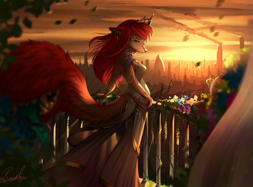 anthro backstripe belly big_belly building city city_background cityscape clothed clothing crown dress ear_piercing female flower fur hair haunting headgear heterochromia light piercing plant pregnant pregnant_anthro pregnant_female red_body red_fur red_hair sad skyline skyscraper smoke smokestack solo spires sunset tail tail_mouth tiara unusual_anatomy unusual_tail veranda relaxablefur legend_of_ahya ahya_(legend_of_ahya) taylor_renee_wolford_(darkflamewolf) canid canine canis mammal wolf 2020 hi_res lighting shaded