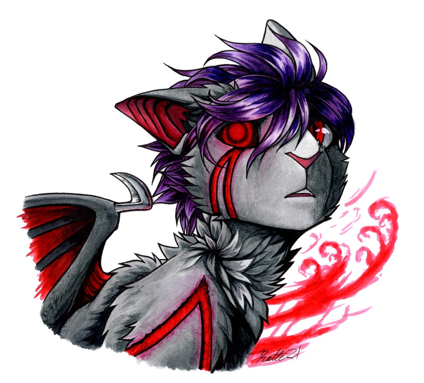 ambiguous_gender anthro fur grey_body grey_fur hair looking_at_viewer negative_energy_(legacy) open_mouth purple_hair red_eyes simple_background solo white_background conditional_dnp ratte legacy_(ratte) yagarai felid feline mammal onene 2021 hi_res traditional_media_(artwork) female_(lore)