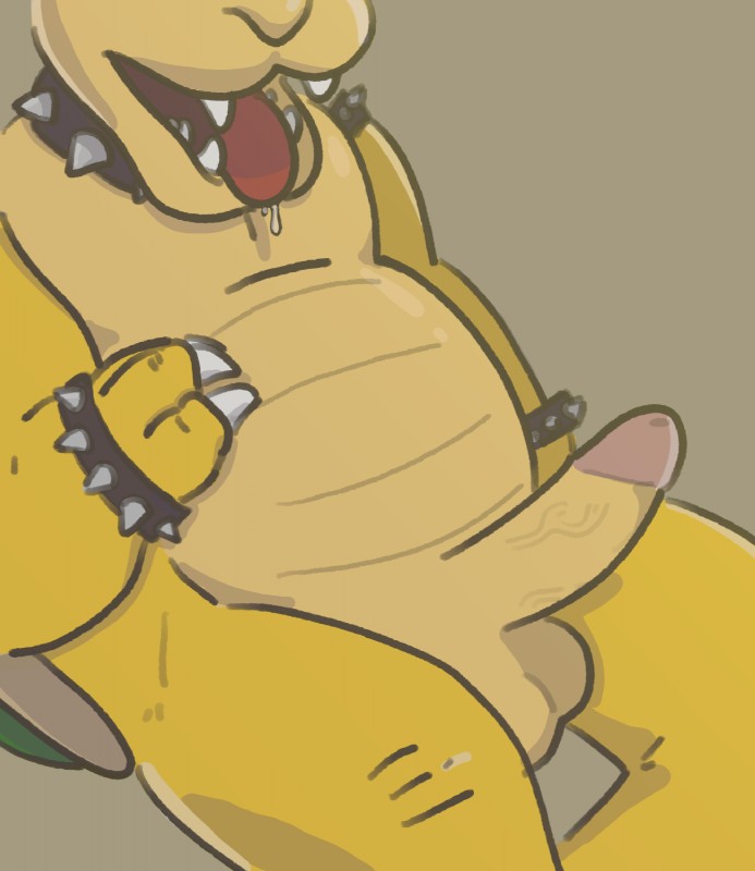 anthro balls belly biped bodily_fluids claws collar collar_only drooling erection genitals male nude open_mouth penis saliva simple_background sitting slightly_chubby solo spiked_collar spikes teeth tongue tongue_out cottongryph mario_bros nintendo bowser koopa reptile scalie 2019 digital_media_(artwork) hi_res