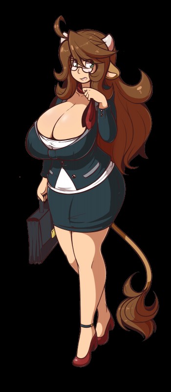 bag big_breasts bottomwear breasts brown_hair cleavage clothed clothing curvy_figure eyewear female footwear glasses green_eyes hair high_heels horn huge_breasts long_hair looking_back necktie shoes simple_background skirt solo standing suit thick_thighs transparent_background voluptuous wide_hips eikasianspire maria_lores animal_humanoid bovid bovid_humanoid bovine bovine_humanoid cattle_humanoid humanoid mammal mammal_humanoid 2014 absurd_res alpha_channel hi_res