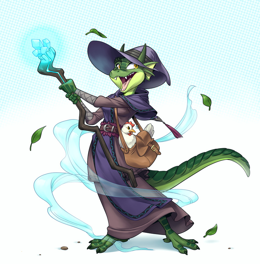 4_toes anthro barefoot belt carrying_another clothed clothing duo feet female feral glowing_staff gradient_background hat headgear headwear holding_object holding_staff larger_anthro magic_user robe simple_background size_difference smaller_feral staff standing toes wizard_hat wraps wrist_wraps yellow_eyes redvelvetbat dungeons_and_dragons hasbro wizards_of_the_coast azaria_ventos avian bird chicken galliform gallus_(genus) kobold phasianid scalie absurd_res hi_res